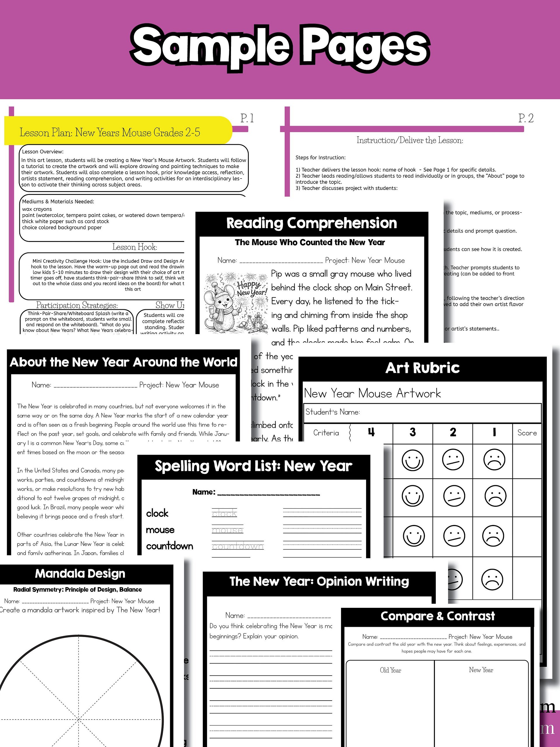 New Years Art Lesson, New Year Mouse Art Project, Winter Art Activity with Reading Comprehension & Writing (Grades 2–5) product image (9)