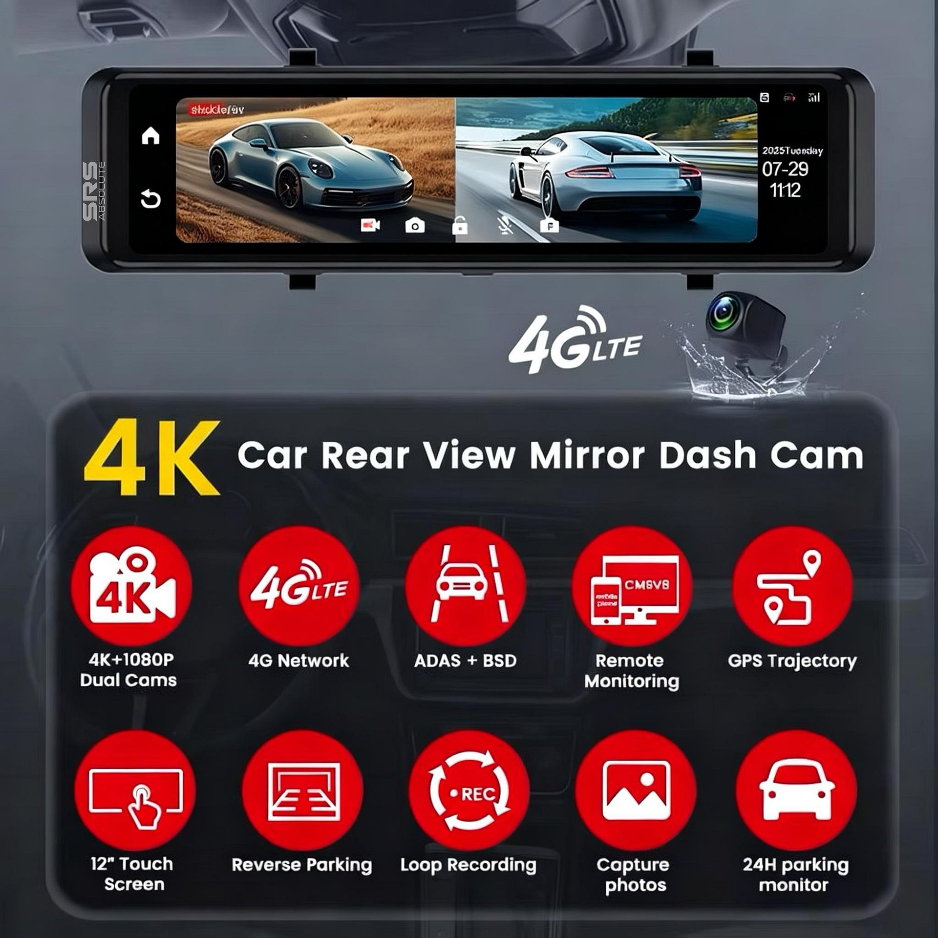 SRS ABSOLUTE 4K 4G Mirror Dash Cam Front Rear Dual Record GPS Tracking Live Video ADAS BSD Park Monitor Timelapse Reverse Parking Remote Playback Voice Calling 1TB MicroSD SIM Support product image (6)