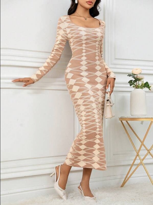 Modelyn 1pc Women Scoop Neck Geometric Print Elegant Long Sleeve Sweater Dress product image (3)