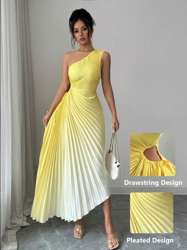 ADLEST Modelyn Yellow Sleeveless Asymmetric Neck Pleated Ombre Dress For Women Pleated Dress product image (4)