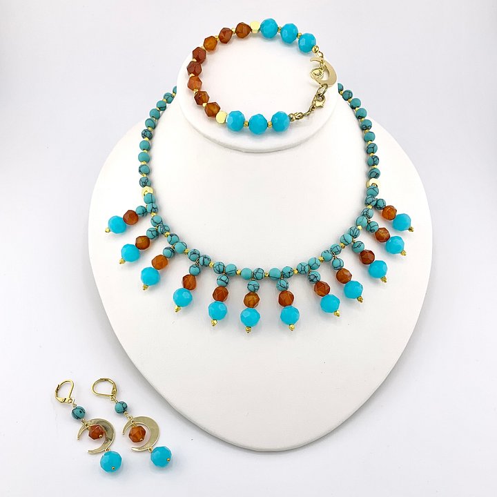 Turquoise Magnesite and Carnelian Necklace, Bracelet, and Earrings Set product image (1)