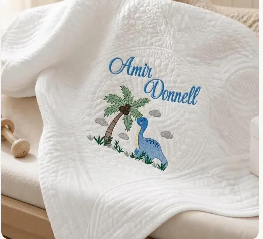 Personalized Little Dinosaur Design Embroidered Quilt product image (1)
