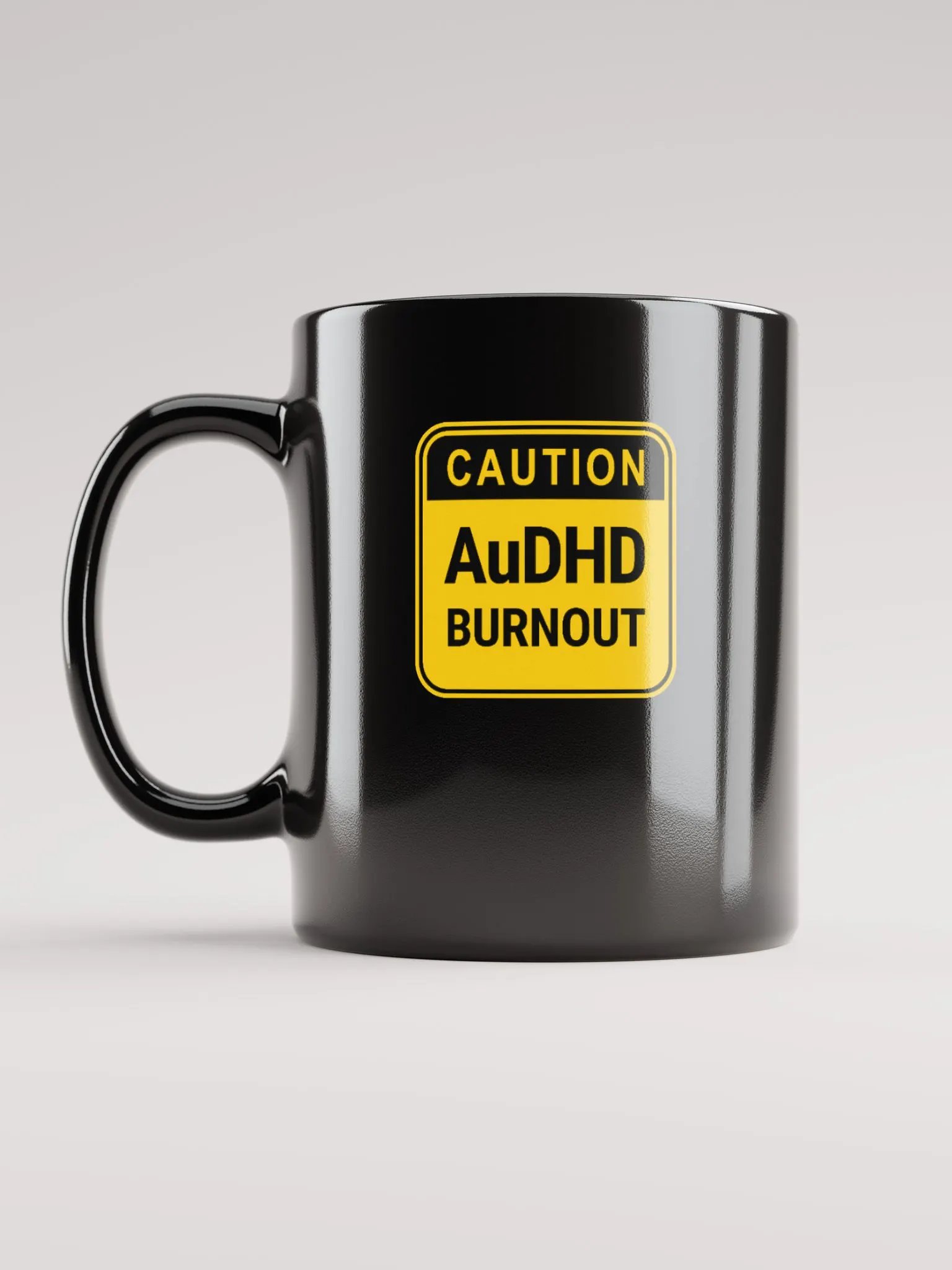 CAUTION: AuDHD BURNOUT glossy black mug product image (1)
