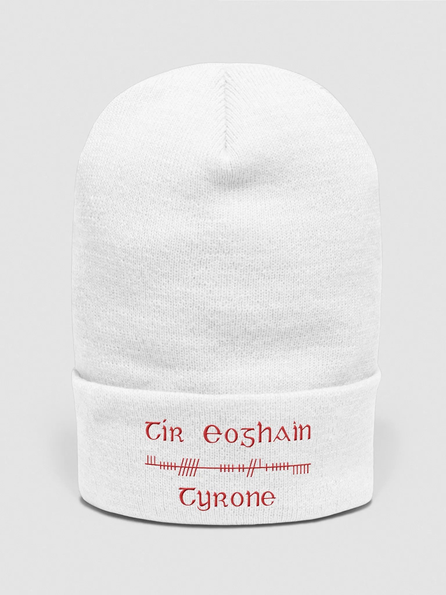 Tyrone/Tír Eoghain, Orthodox style Ogham, white with red, embroidered Cuffed Beanie product image (1)