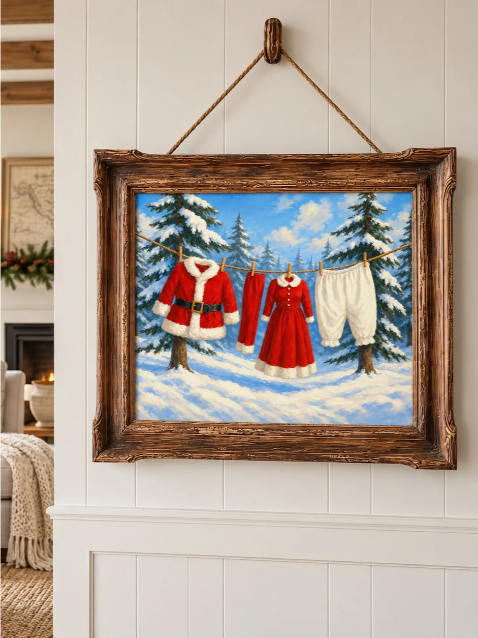 Santa Clothesline Christmas Laundry Room Art, Funny Holiday Print, Whimsical Winter Poster, Snow Covered Forest Scene, Printable Wall Decor product image (7)