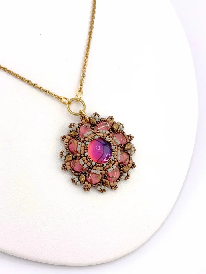 Bronze, pink, gold “cherry on top” Beaded Glass Pendant product image (1)