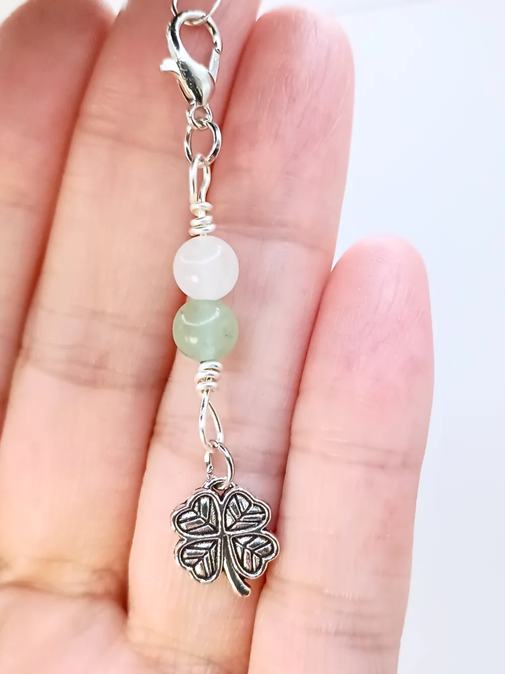 Lucky Clover Notebook Charm | Aventurine & Quartz, Silver-Tone | Stitch Marker | Zipper Pull product image (3)