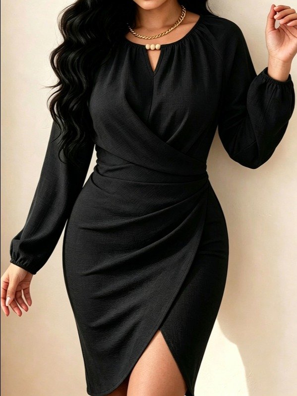 ADLEST Elenzga Women's Plus Size Beaded Wrap Cross Slit Cinched Waist Long Sleeve Dress, Suitable For Daily Streetwear And Commuting product image (3)