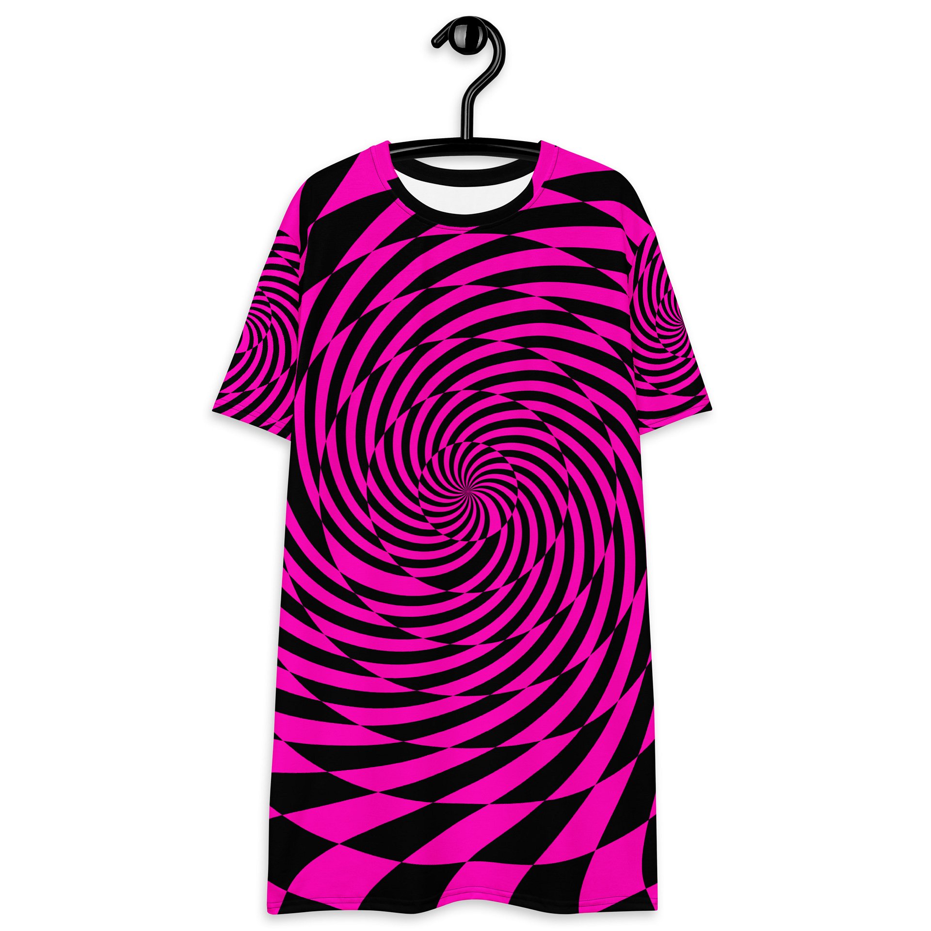 Psychedelic Spirals T-Shirt Dress, Trippy Techno Rave Outfit, EDM Festival Fashion, Black Hot Pink Twisted Checkers Clothing product image (6)