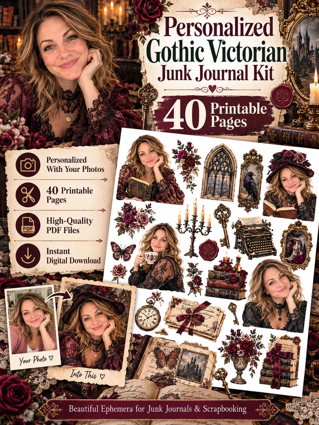 Personalized Gothic Victorian Ephemera for Junk Journals: 40 Printable PDF Pages of Dark Romantic Roses, Gothic Castles, Antique Books, Ravens and More for Scrapbooking, Collage and Mixed Media product image (4)