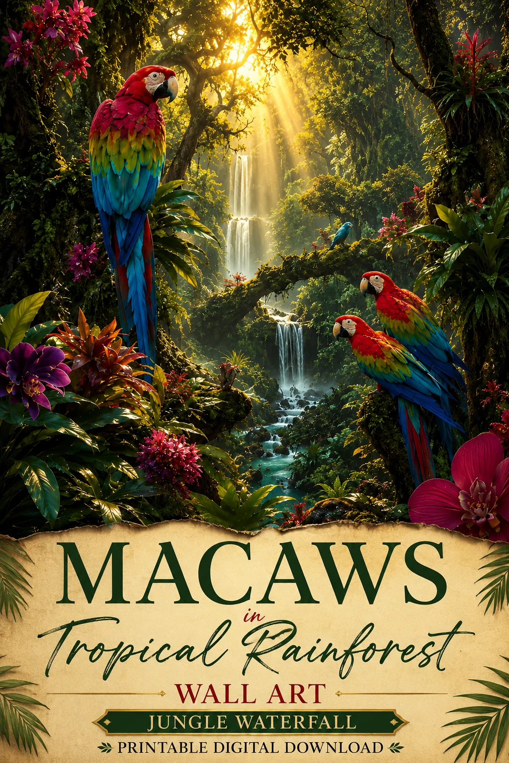 Macaws in Tropical Rainforest Wall Art | Jungle Waterfall Printable Digital Download product image (1)