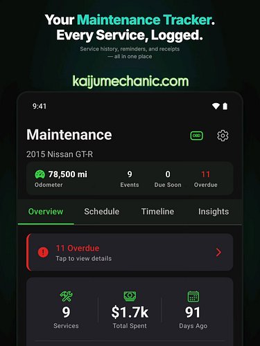 Maintenance tracker. Every service, logged.

OEM intervals for the car on file. History, reminders, and receipts in one place...