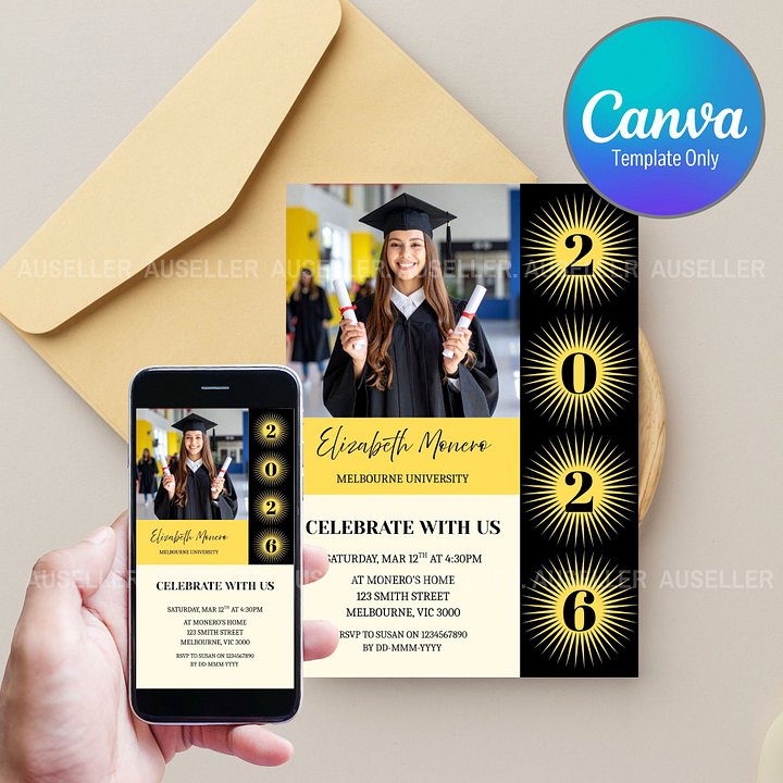 Black and Yellow Sunburst Graduation Photo Invitation 2026 Editable Canva Template product image (1)