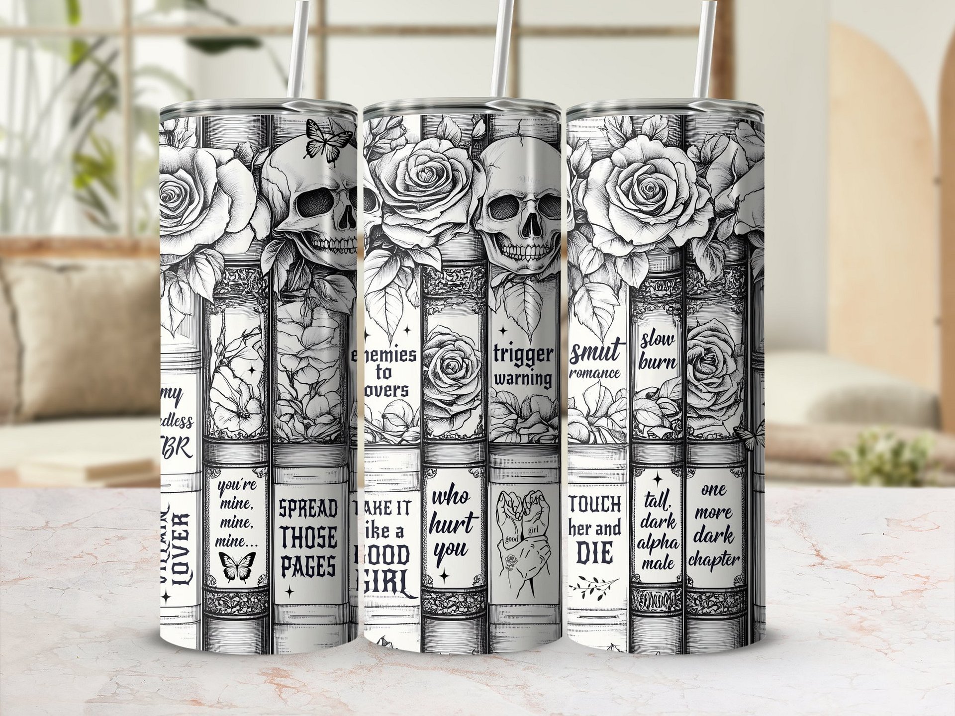 Dark Romance Skull Roses Vintage Smutty Book Lover Tropes 20oz Tumbler Full Wrap PNG, Seamless Sublimation Design, Digital Download product image (5)