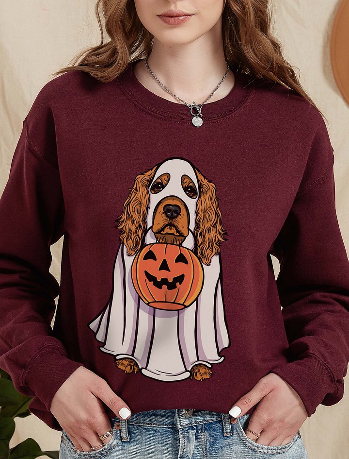 Funny Halloween Cocker Spaniel Sweatshirt | Funny Cocker Spaniel Wearing a Ghost Costume and Holding a Pumpkin Basket product image (2)