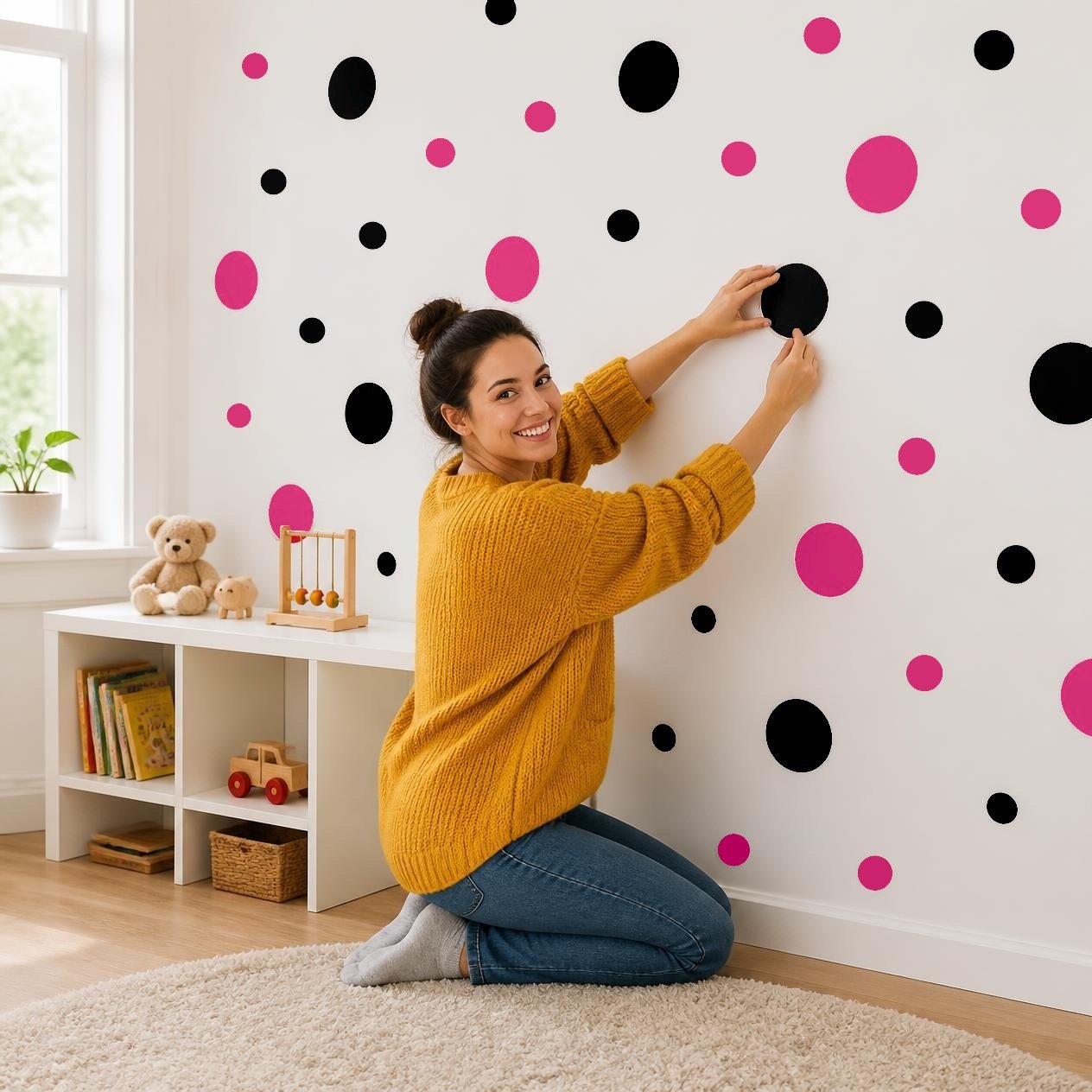 Black and Hot Pink Polka Dot Wall Decals, 2" and 4" Vinyl Circle Stickers, Removable Dot Decals for Nursery, Kids Room, Playroom product image (2)
