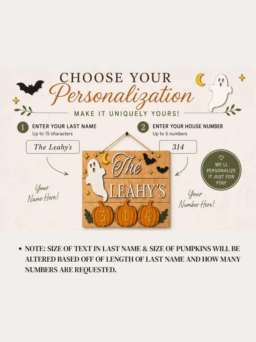 Personalized Halloween Door Hanger | Custom Family Name, House Number Sign | Basswood Pumpkin Decor product image (6)