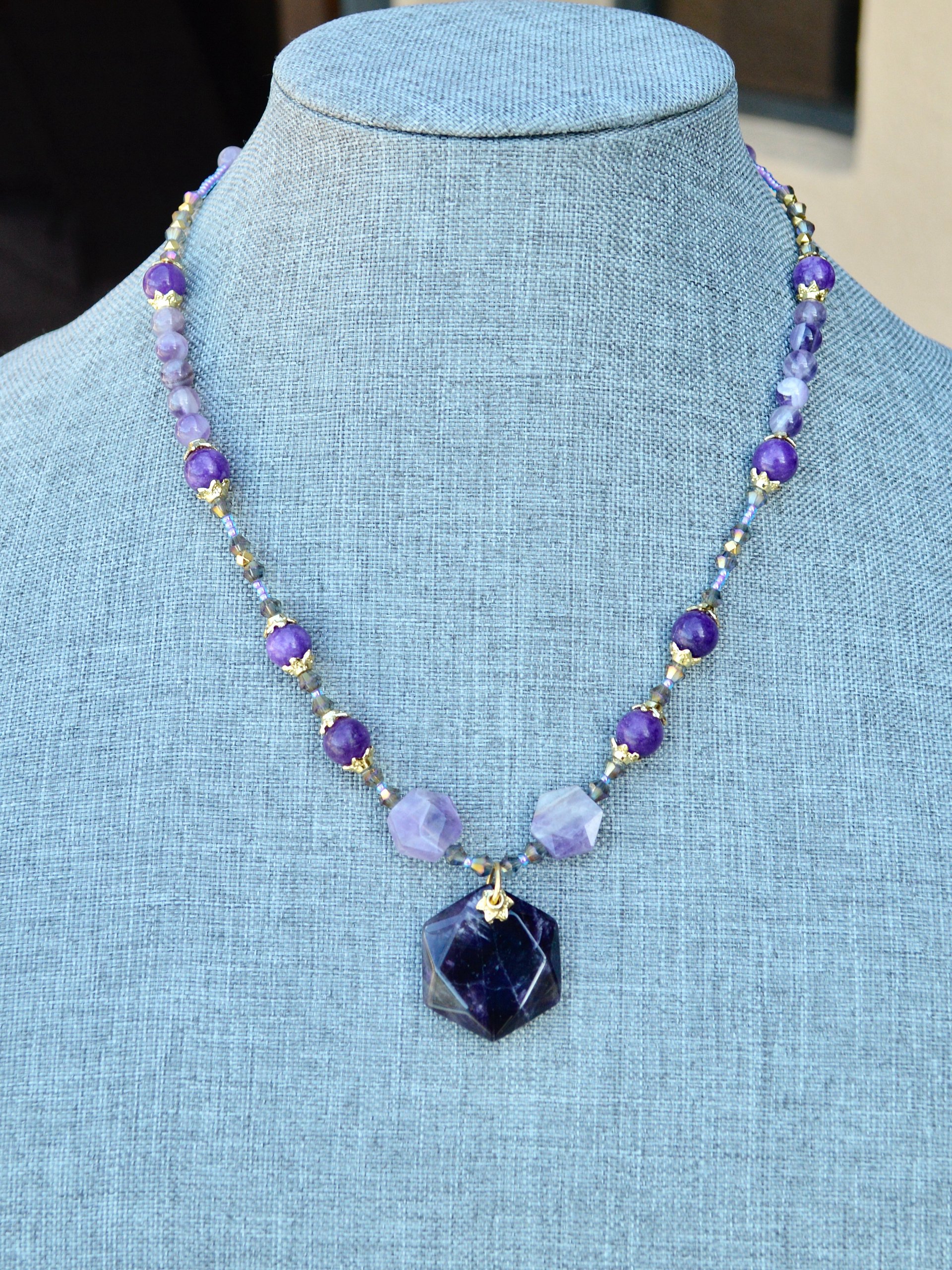 Purple Amethyst Hexagon Pendant Beaded Necklace With Gold Bead Caps product image (2)