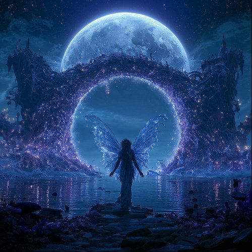 She stands at the edge of worlds. Wings spread wide, catching moonlight like liquid silver. The portal glows behind her—ancie...