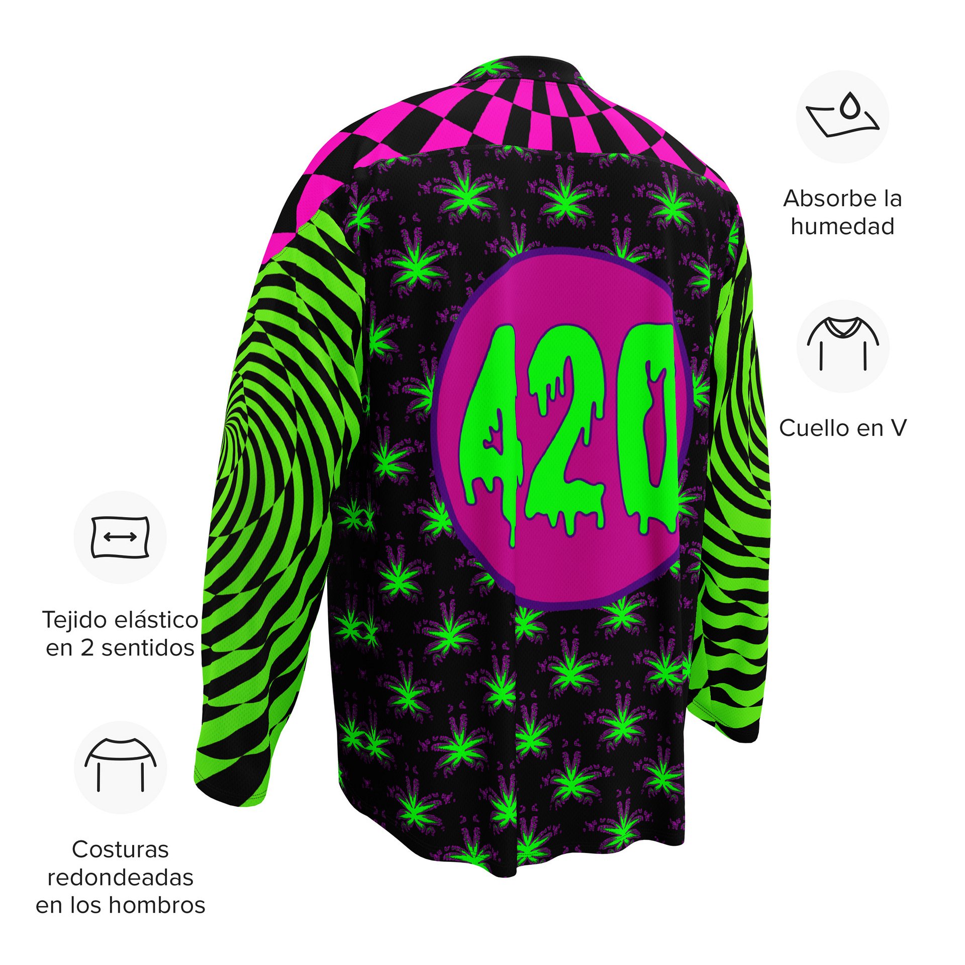 Twisted 420 Weed Rave Hockey Jersey, Psychedelic Spiral EDM Festival Shirt, Pot Leaf Trippy Techno Top, Neon Green Pink Cannabis Clothing product image (12)