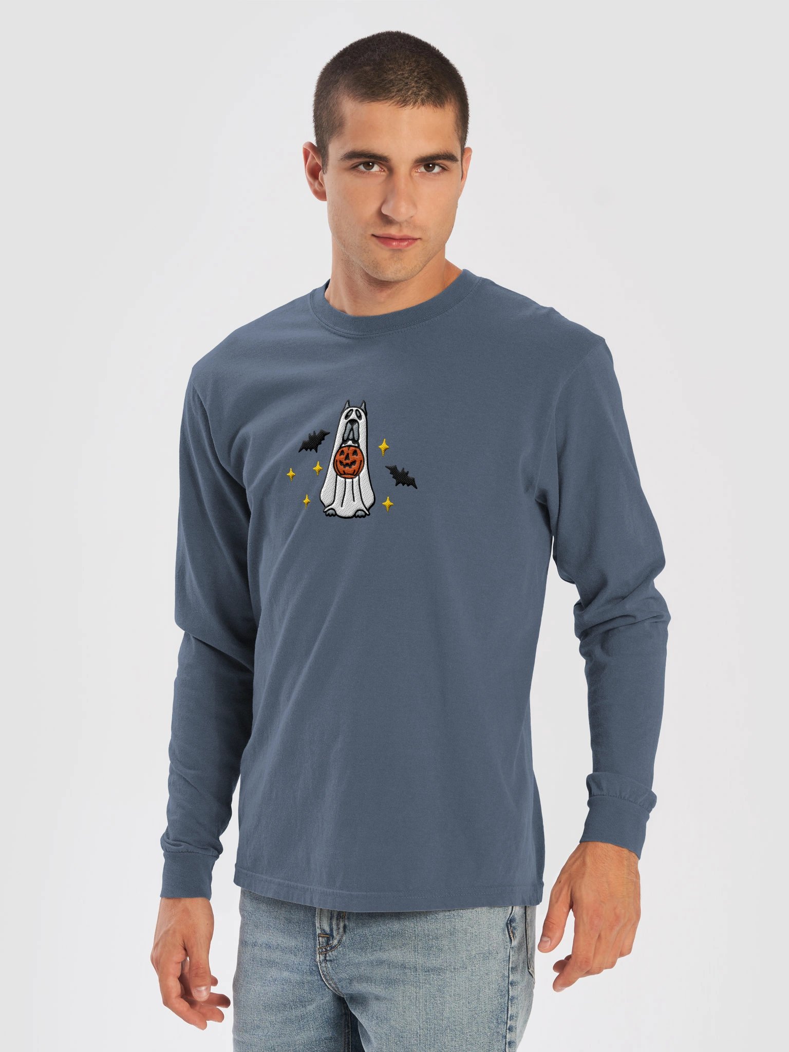 Halloween Cane Corso(Blue, Cropped Ears) Embroidered Long-Sleeve T-Shirt product image (24)