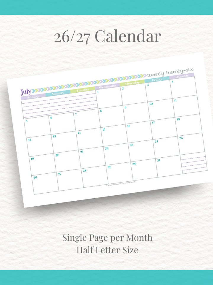 Pretty in Pastel- 26/27 Calendar - Single Page per Month - Half Letter Size product image (1)
