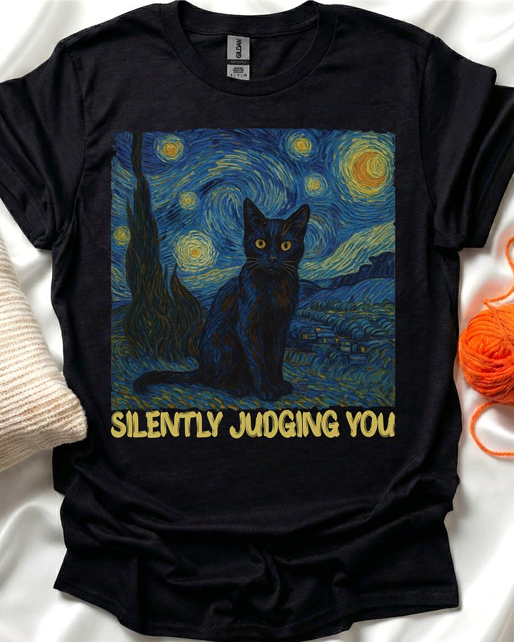 Starry Night Black Judging Cat T-Shirt product image (1)