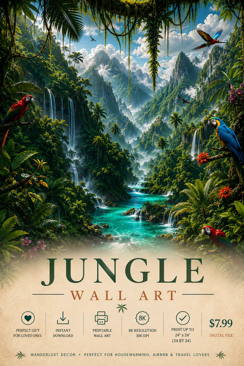 Escape to Paradise Tropical Jungle Waterfall 8K Wall Art Digital Download Print product image (1)