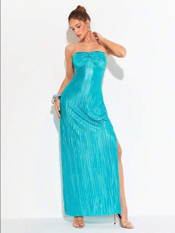 Women's Elegant Blue Pleated Off-Shoulder Twist Front Dress For Summer Maxi Women Outfit product image (1)