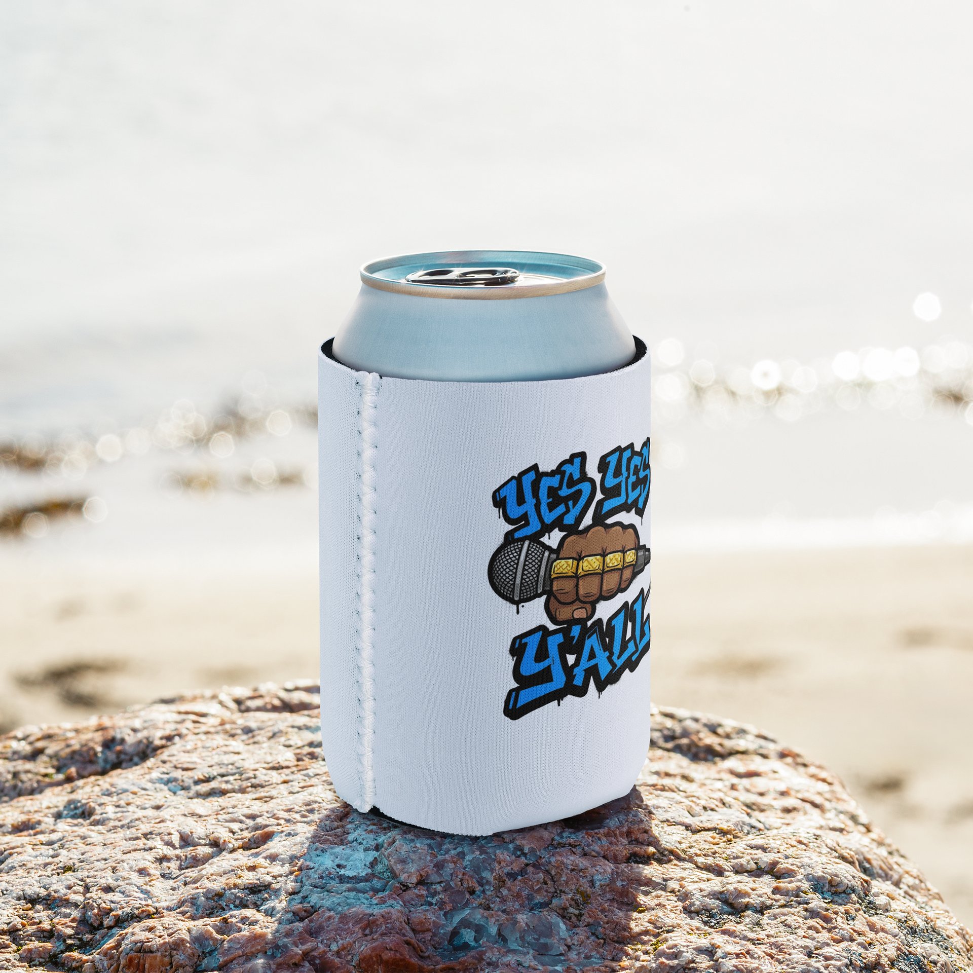 Yes Yes Y’all Hip Hop Can Cooler – White with Microphone Graffiti Graphic product image (8)