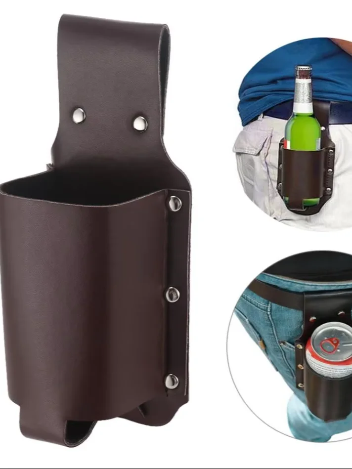 Beer Holster for Men – Brown Faux Leather Bottle Holder with Adjustable Waist Belt, 12oz Capacity product image (2)