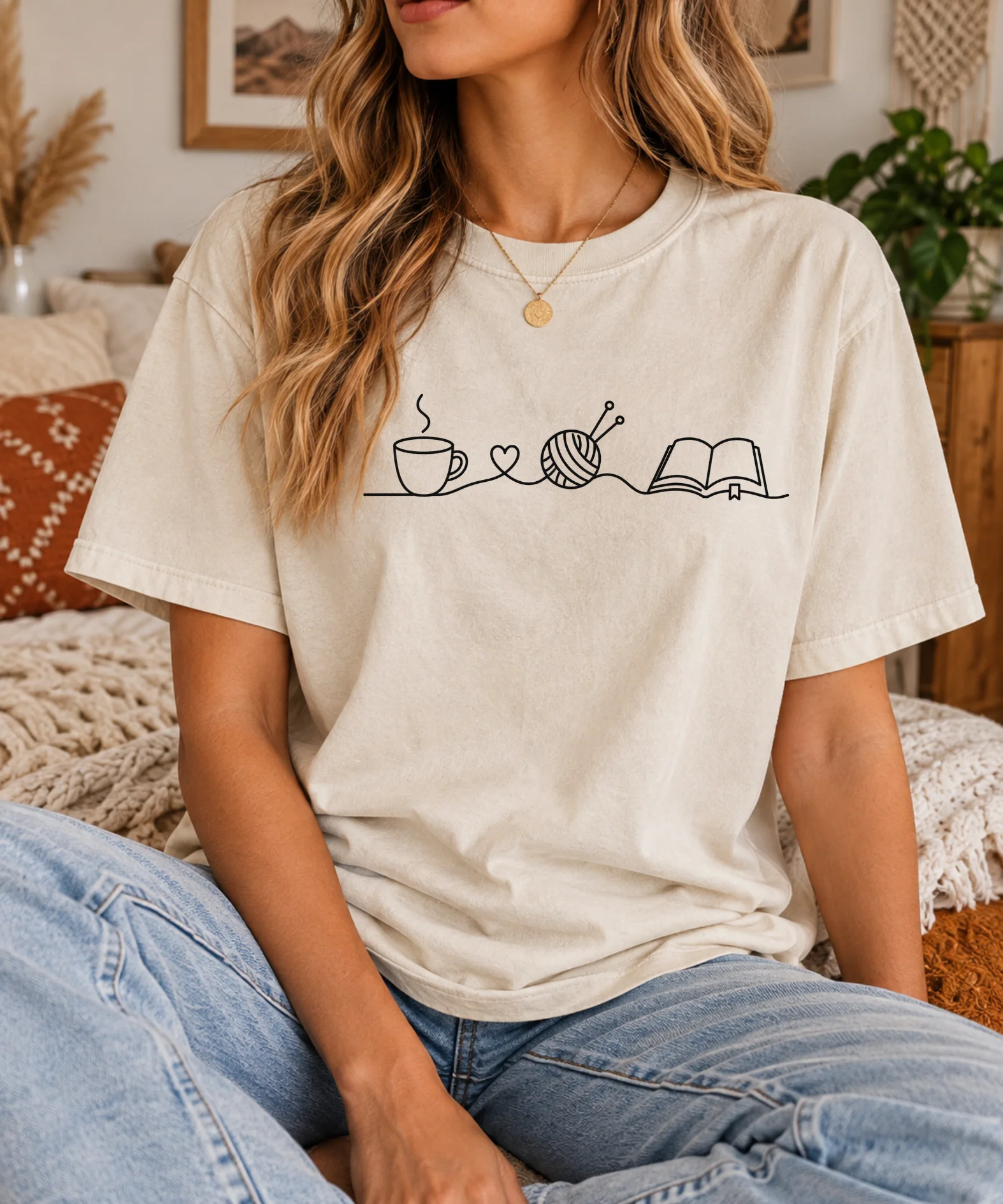 Cozy Hobbies T-Shirt, Book Lover Coffee Shirt, Knitting Gift, Minimalist Hobby Tee, Reading and Yarn Lover Gift product image (3)