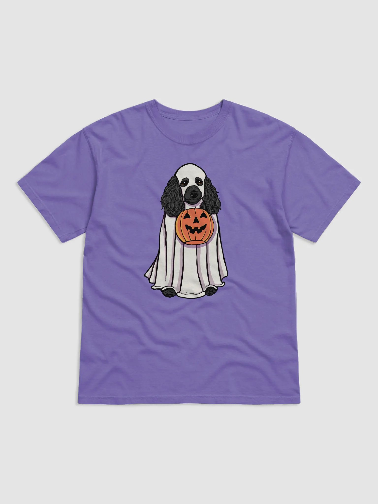 Funny Halloween Poodle(Black) T-Shirt | Funny Papillon Wearing a Ghost Costume and Holding a Pumpkin Basket product image (1)