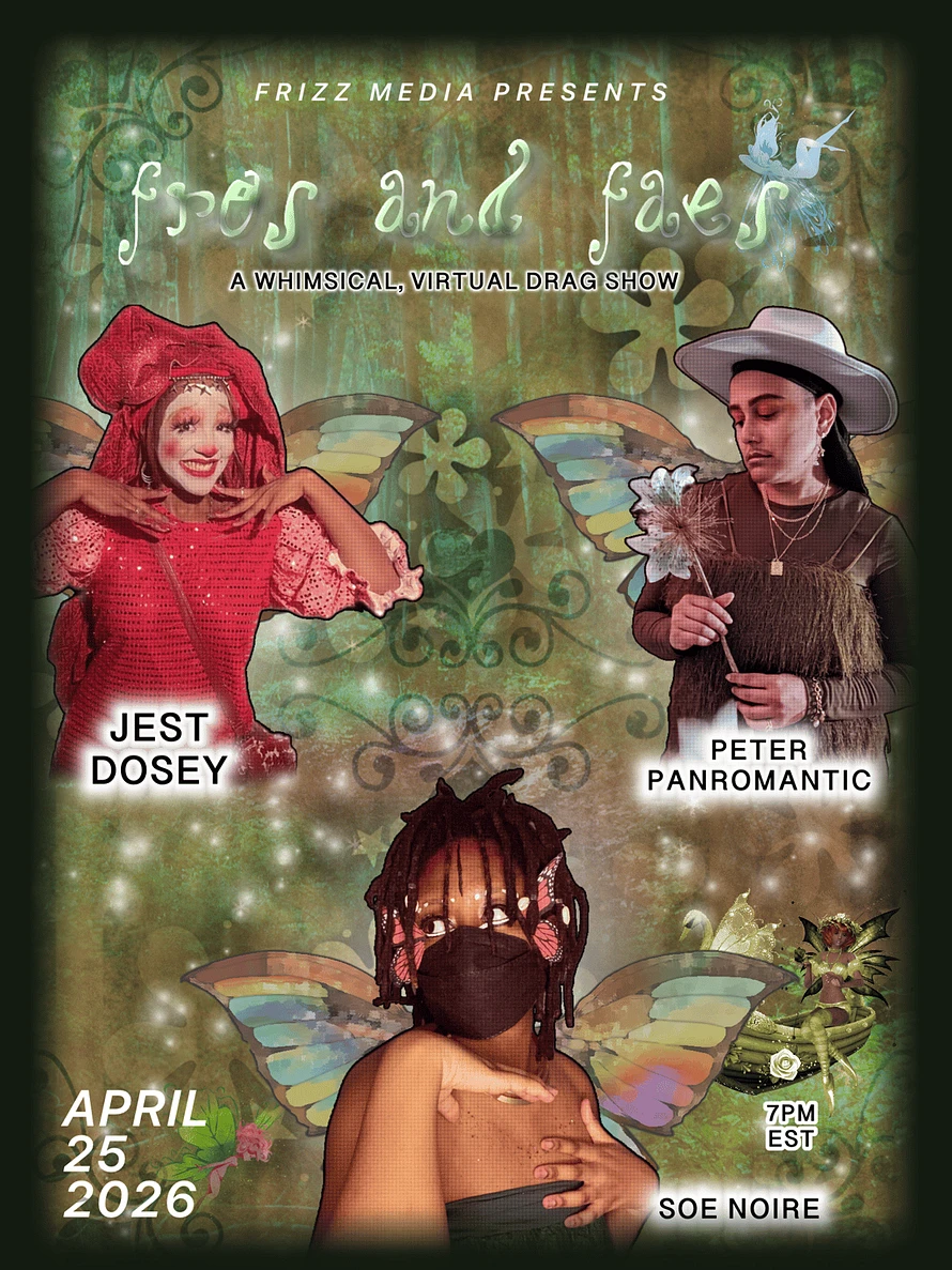 Image Description: Three Black figures of varying shades of brown dressed in red, green, and black whimsical attire against a green and brown flyer with fairies and fairy lights in the background.