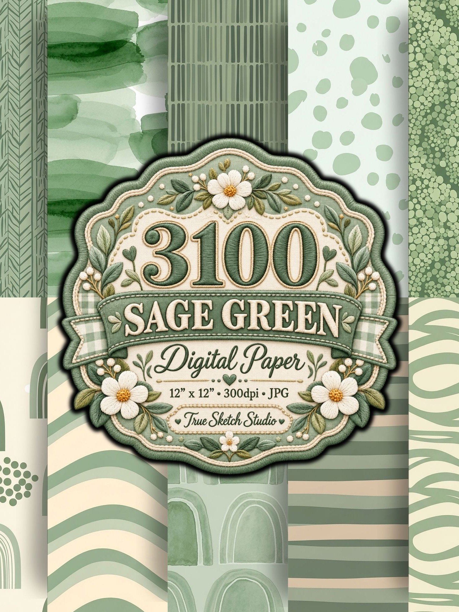 3100 Sage Green Digital Paper Bundle, Floral Botanical Scrapbook Paper, Daisy Gingham Designs, 12x12 JPG, Printable Junk Journal Backgrounds product image (6)
