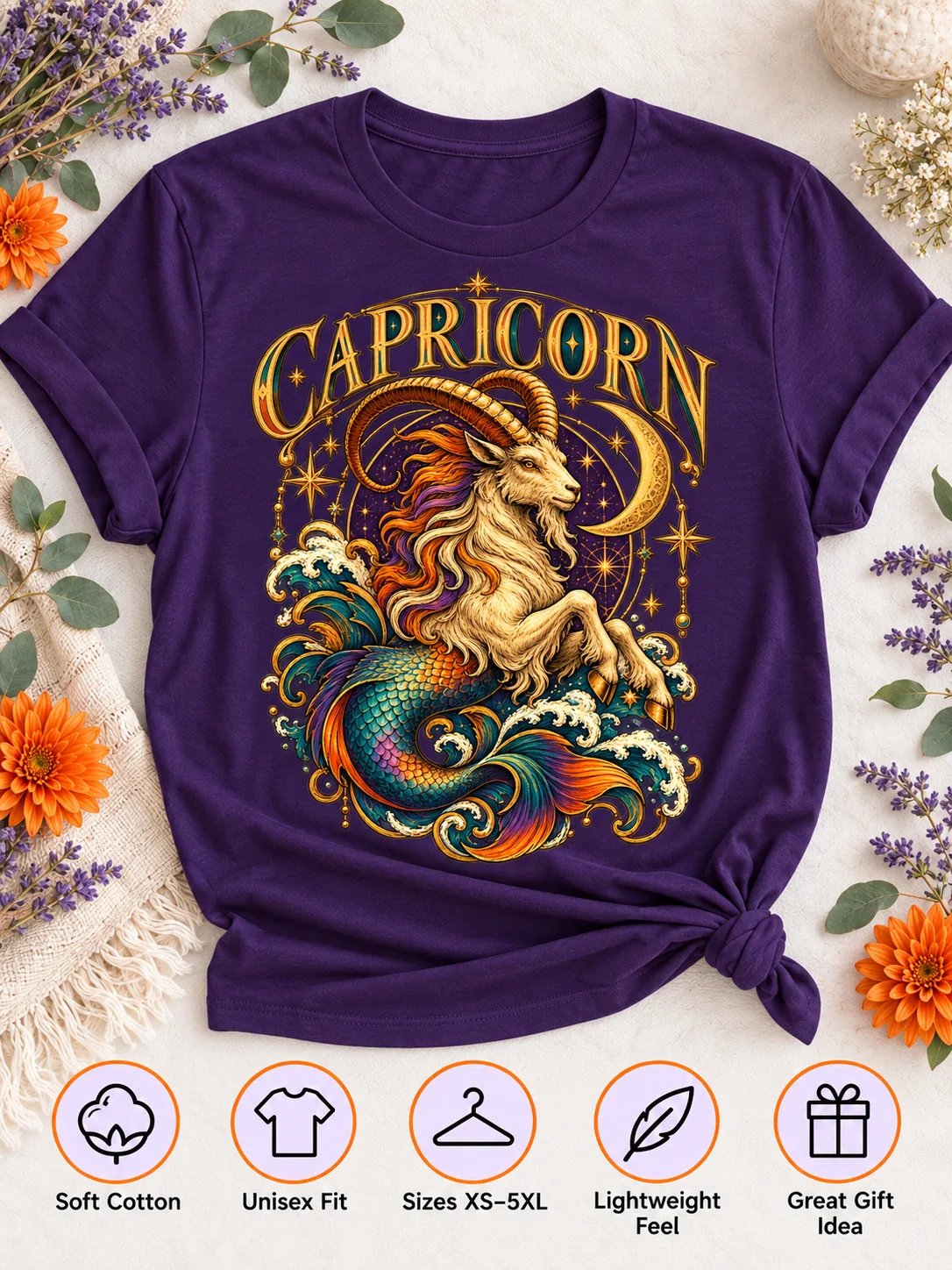 Capricorn Zodiac T-Shirt With Mythical Celestial Sea-Goat product image (3)