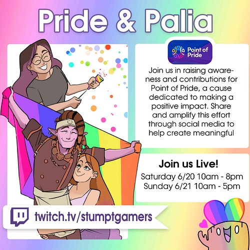 🌈 Pride and Palia is THIS WEEKEND!!! 🌈

Join Aenne and Jas as we raise money for ‪@pointofprideorg while playing ‪@playpalia ...