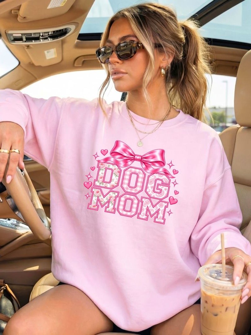 Coquette Dog Mom Crewneck Sweatshirt | Pink Bow Varsity Dog Mom product image (9)
