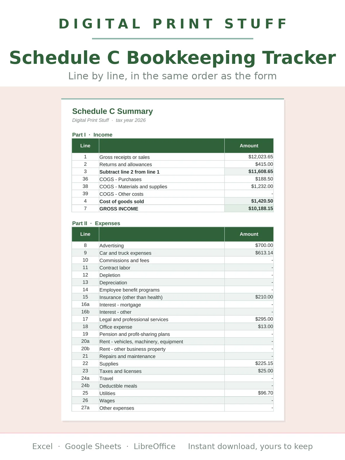 Schedule C Bookkeeping Spreadsheet | Small Business Tax Tracker | Income Expenses & Mileage Log | Excel Google Sheets product image (2)