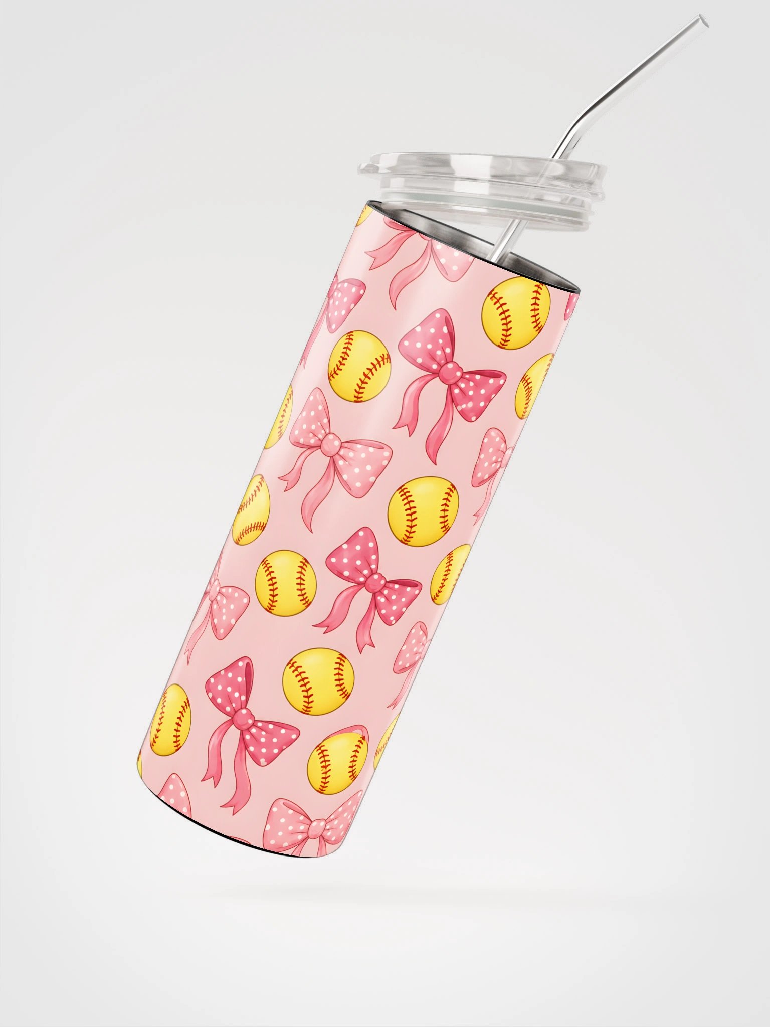 Pink Bow & Softball Skinny Tumbler | 20 oz Coquette Softball Mom Tumbler product image (2)