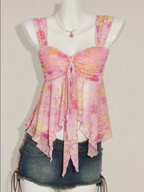 Ditsy Floral Asymmetrical Ruched Knot Cami Top | Women's Boho Wide Strap Mesh Blouse for Summer Vacation & Fall Outfits | ADLEST product image (5)
