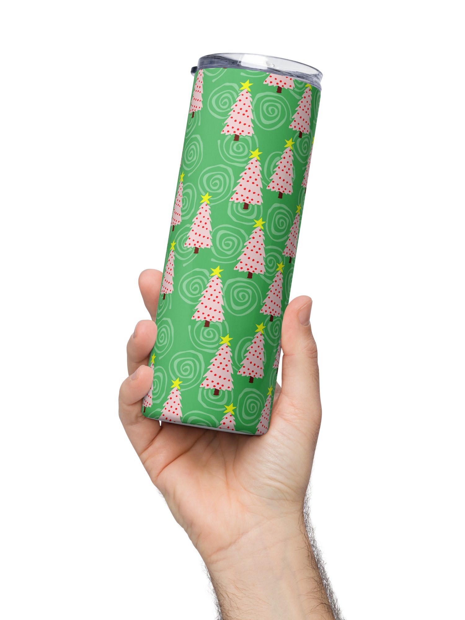 Pink Christmas Trees on Green Spirals Stainless Steel Tumbler with Straw product image (3)