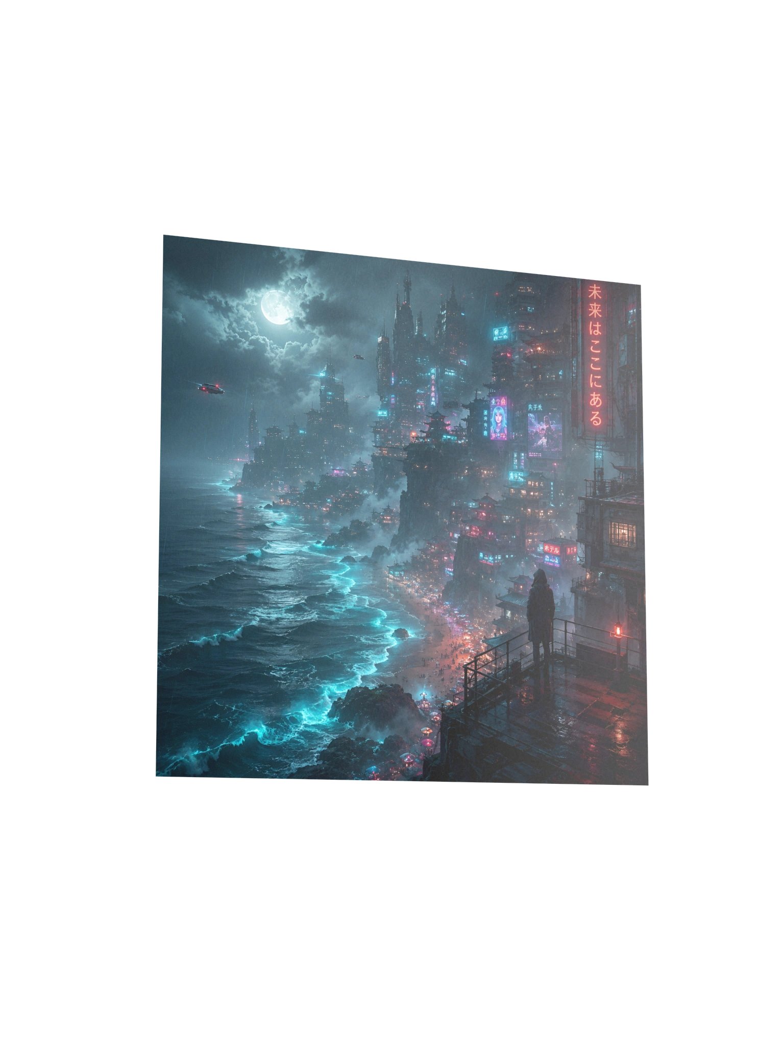 Cyberpunk Neon Coastal City Poster – Futuristic Neon Ocean & Moonlit Cityscape | 10×10 Wall Art product image (4)
