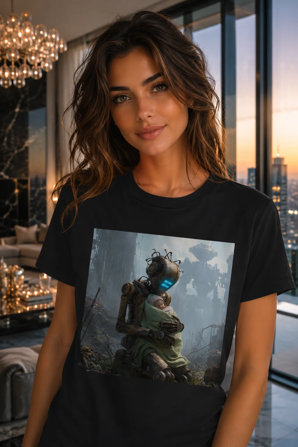 Cyberpunk Robot Baby T-Shirt, Sci-Fi Guardian Art, Futuristic Tech Gift, 8K Oversized Tee product image (1)