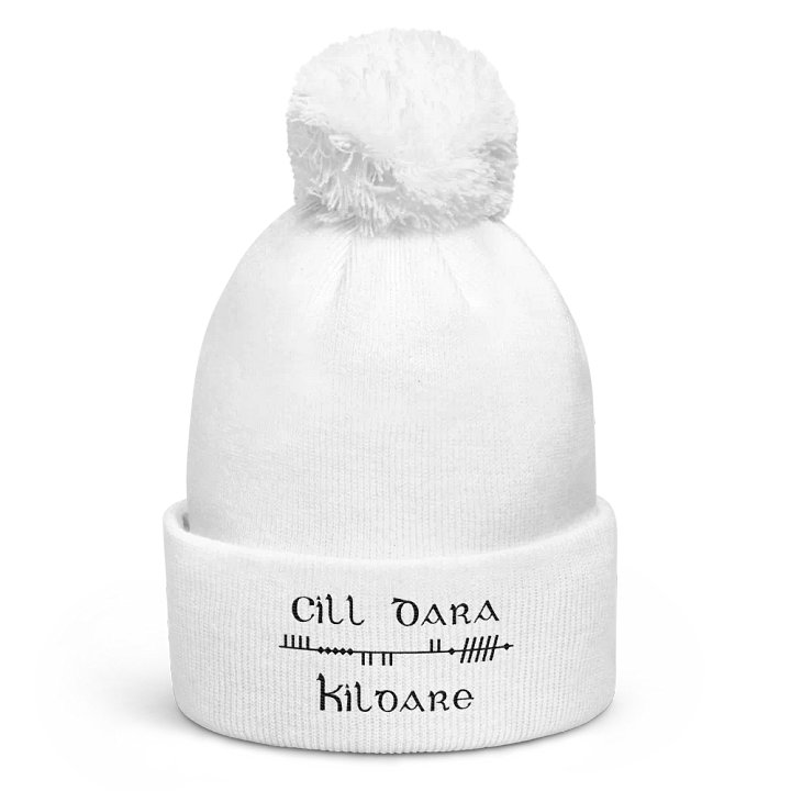 Kildare/Cill Dara, Scholastic Style Ogham, white with black embroidered Pom-Pom Beanie product image (1)