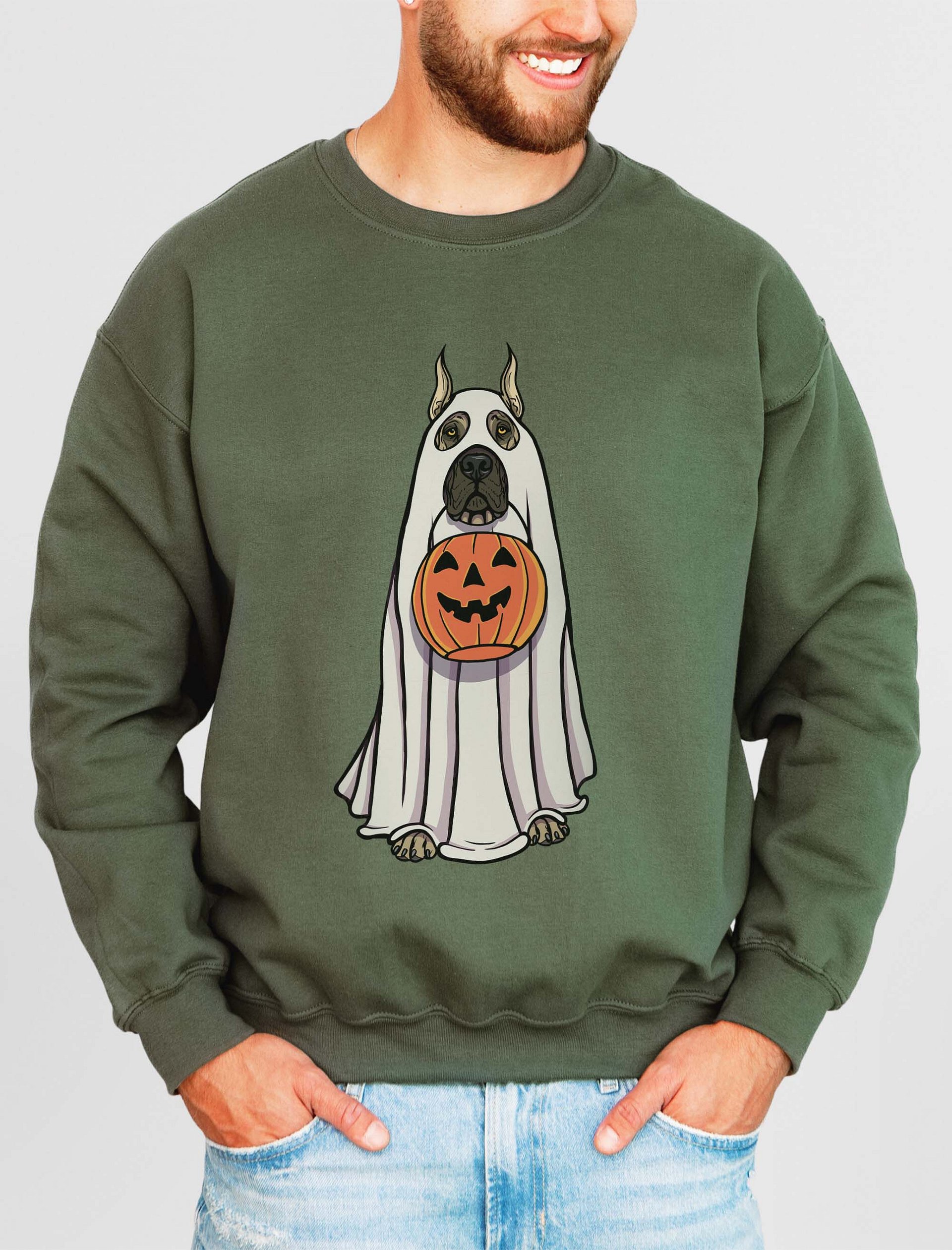Funny Halloween Great Dane(Cropped Ears) Sweatshirt | Funny Great Dane Wearing a Ghost Costume and Holding a Pumpkin Basket product image (2)
