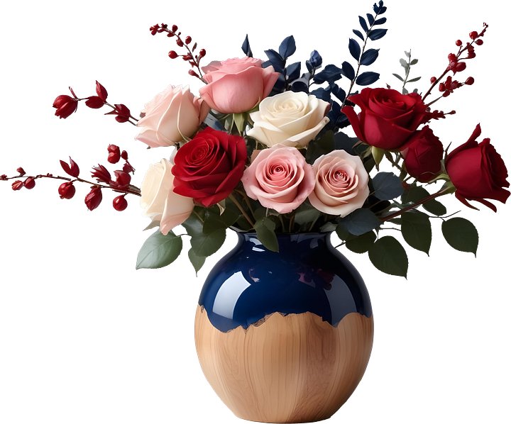Blue and Natural Wood Vase with Romantic Rose Bouquet PNG product image (1)