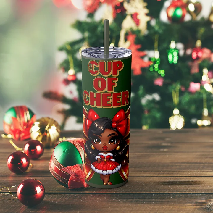 Cup of Cheer Design, Christmas Tumbler Wrap Digital Download, Brown Holiday Doll Art, 20oz Sublimation Design, Festive Holiday Wrap PNG product image (1)