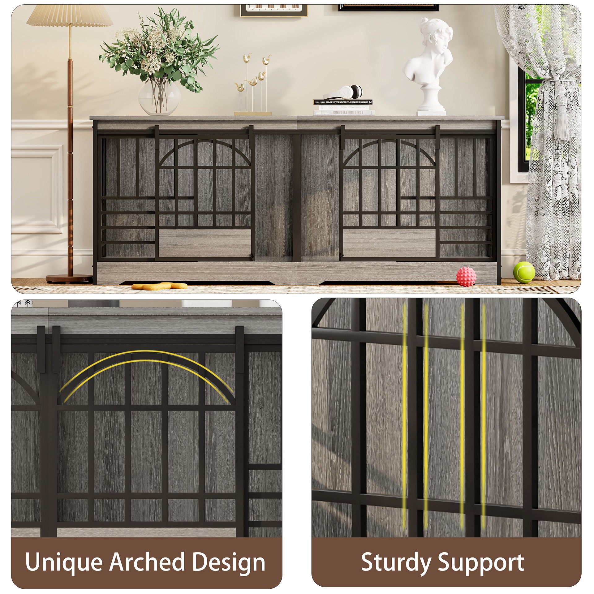 78 Inch Double Dog Crate Furniture, Extra Large Dog Kennel Indoor with Divider, Heavy Duty Dog Cage for 2 Dogs, Decorative Wooden Dog House Decorative Table TV Stand, Pet House for XLarge Dogs,Grey product image (3)