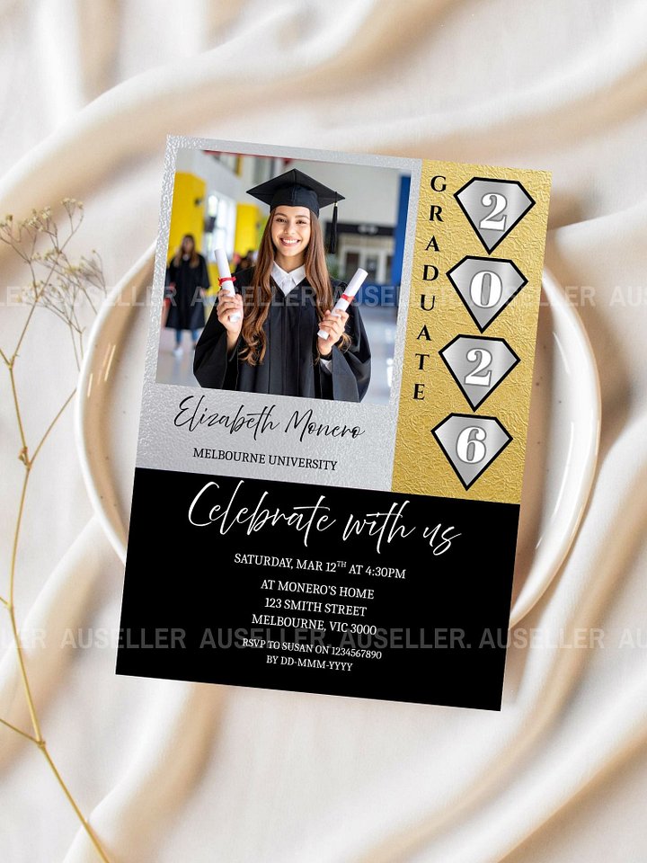 Black Gold Graduation Photo Invitation 2026 Editable Canva Template product image (2)